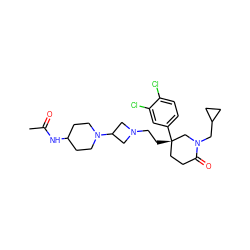 CC(=O)NC1CCN(C2CN(CC[C@]3(c4ccc(Cl)c(Cl)c4)CCC(=O)N(CC4CC4)C3)C2)CC1 ZINC000022927871