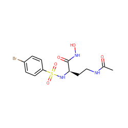 CC(=O)NCC[C@@H](NS(=O)(=O)c1ccc(Br)cc1)C(=O)NO ZINC000049111770