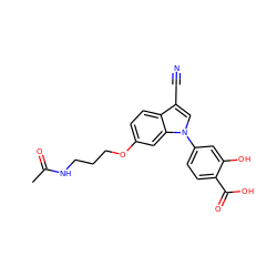 CC(=O)NCCCOc1ccc2c(C#N)cn(-c3ccc(C(=O)O)c(O)c3)c2c1 ZINC000142897095