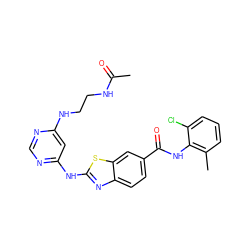 CC(=O)NCCNc1cc(Nc2nc3ccc(C(=O)Nc4c(C)cccc4Cl)cc3s2)ncn1 ZINC000013536649