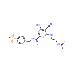 CC(=O)NCCNc1nc(C(=O)NCc2ccc(S(C)(=O)=O)cc2)cc(N)c1C#N ZINC000038151258