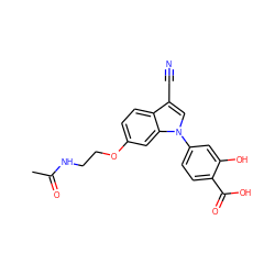 CC(=O)NCCOc1ccc2c(C#N)cn(-c3ccc(C(=O)O)c(O)c3)c2c1 ZINC000113276958