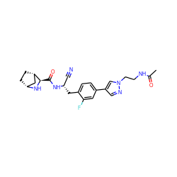 CC(=O)NCCn1cc(-c2ccc(C[C@@H](C#N)NC(=O)[C@H]3N[C@@H]4CC[C@H]3C4)c(F)c2)cn1 ZINC000261076562