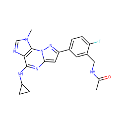 CC(=O)NCc1cc(-c2cc3nc(NC4CC4)c4ncn(C)c4n3n2)ccc1F ZINC000040952596