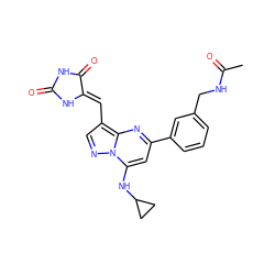 CC(=O)NCc1cccc(-c2cc(NC3CC3)n3ncc(/C=C4\NC(=O)NC4=O)c3n2)c1 ZINC000117828051