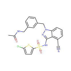 CC(=O)NCc1cccc(Cn2nc(NS(=O)(=O)c3ccc(Cl)s3)c3c(C#N)cccc32)c1 ZINC000095580842