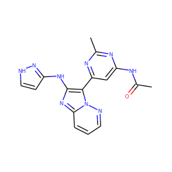 CC(=O)Nc1cc(-c2c(Nc3cc[nH]n3)nc3cccnn23)nc(C)n1 ZINC000095554964