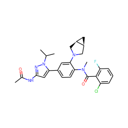 CC(=O)Nc1cc(-c2ccc(N(C)C(=O)c3c(F)cccc3Cl)c(N3C[C@H]4C[C@H]4C3)c2)n(C(C)C)n1 ZINC000230586330