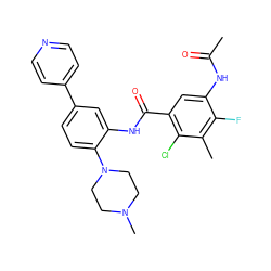 CC(=O)Nc1cc(C(=O)Nc2cc(-c3ccncc3)ccc2N2CCN(C)CC2)c(Cl)c(C)c1F ZINC001772619473