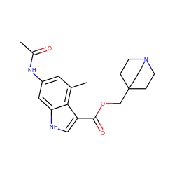 CC(=O)Nc1cc(C)c2c(C(=O)OCC34CCN(CC3)CC4)c[nH]c2c1 ZINC001772639538