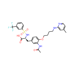 CC(=O)Nc1cc(C[C@H](NS(=O)(=O)c2cccc(C(F)(F)F)c2)C(=O)O)ccc1OCCCCNc1cc(C)ccn1 ZINC000049709069