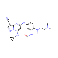 CC(=O)Nc1cc(Nc2cc(NC3CC3)n3ncc(C#N)c3n2)ccc1N(C)CCN(C)C ZINC000103228958