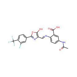 CC(=O)Nc1ccc(/N=C/c2nc(-c3ccc(C(F)(F)F)c(F)c3)oc2O)c(C(=O)O)c1 ZINC000013588221