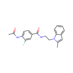 CC(=O)Nc1ccc(C(=O)NCCn2c(C)cc3ccccc32)cc1F ZINC000169351830