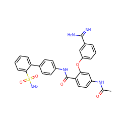 CC(=O)Nc1ccc(C(=O)Nc2ccc(-c3ccccc3S(N)(=O)=O)cc2)c(Oc2cccc(C(=N)N)c2)c1 ZINC000029408925