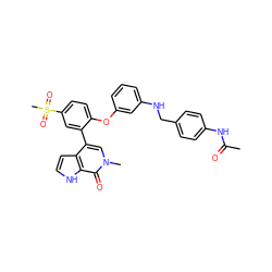 CC(=O)Nc1ccc(CNc2cccc(Oc3ccc(S(C)(=O)=O)cc3-c3cn(C)c(=O)c4[nH]ccc34)c2)cc1 ZINC001772637459