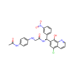 CC(=O)Nc1ccc(NCC(=O)N[C@@H](c2cccc([N+](=O)[O-])c2)c2cc(Cl)c3cccnc3c2O)cc1 ZINC000040404604