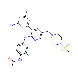 CC(=O)Nc1ccc(Nc2ncc(CN3CCN(S(C)(=O)=O)CC3)cc2-c2nc(C)nc(N)n2)cc1F ZINC000113244847