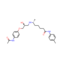 CC(=O)Nc1ccc(OC[C@@H](O)CN[C@H](C)CCCCC(=O)Nc2ccc(C)cc2)cc1 ZINC000026288869