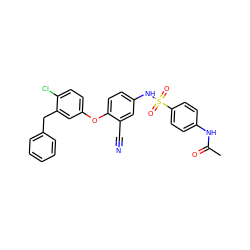 CC(=O)Nc1ccc(S(=O)(=O)Nc2ccc(Oc3ccc(Cl)c(Cc4ccccc4)c3)c(C#N)c2)cc1 ZINC001772657342