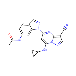 CC(=O)Nc1ccc2cnn(-c3cc(NC4CC4)n4ncc(C#N)c4n3)c2c1 ZINC000084654480