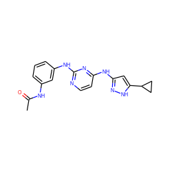 CC(=O)Nc1cccc(Nc2nccc(Nc3cc(C4CC4)[nH]n3)n2)c1 ZINC000473085148