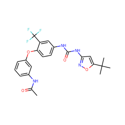 CC(=O)Nc1cccc(Oc2ccc(NC(=O)Nc3cc(C(C)(C)C)on3)cc2C(F)(F)F)c1 ZINC000040405095