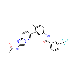 CC(=O)Nc1cn2cc(-c3cc(NC(=O)c4cccc(C(F)(F)F)c4)ccc3C)ccc2n1 ZINC000199985005