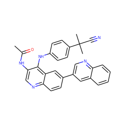 CC(=O)Nc1cnc2ccc(-c3cnc4ccccc4c3)cc2c1Nc1ccc(C(C)(C)C#N)cc1 ZINC000653735640