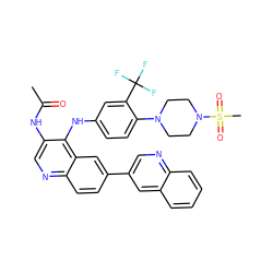 CC(=O)Nc1cnc2ccc(-c3cnc4ccccc4c3)cc2c1Nc1ccc(N2CCN(S(C)(=O)=O)CC2)c(C(F)(F)F)c1 ZINC000653744957