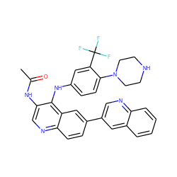 CC(=O)Nc1cnc2ccc(-c3cnc4ccccc4c3)cc2c1Nc1ccc(N2CCNCC2)c(C(F)(F)F)c1 ZINC000653725392