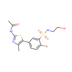 CC(=O)Nc1nc(C)c(-c2ccc(Br)c(S(=O)(=O)NCCO)c2)s1 ZINC000653727841