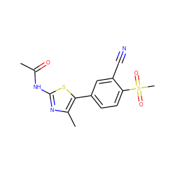 CC(=O)Nc1nc(C)c(-c2ccc(S(C)(=O)=O)c(C#N)c2)s1 ZINC000084689698