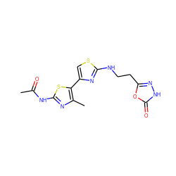 CC(=O)Nc1nc(C)c(-c2csc(NCCc3n[nH]c(=O)o3)n2)s1 ZINC000165449466