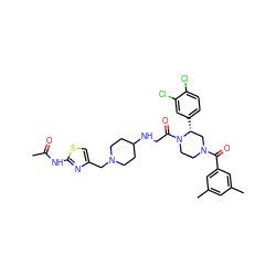 CC(=O)Nc1nc(CN2CCC(NCC(=O)N3CCN(C(=O)c4cc(C)cc(C)c4)C[C@H]3c3ccc(Cl)c(Cl)c3)CC2)cs1 ZINC000026848193