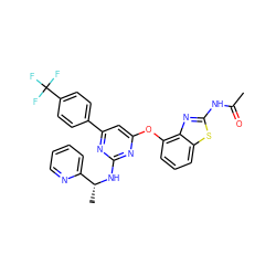 CC(=O)Nc1nc2c(Oc3cc(-c4ccc(C(F)(F)F)cc4)nc(N[C@H](C)c4ccccn4)n3)cccc2s1 ZINC000028961260