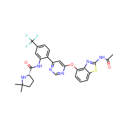 CC(=O)Nc1nc2c(Oc3cc(-c4ccc(C(F)(F)F)cc4NC(=O)[C@@H]4CCC(C)(C)N4)ncn3)cccc2s1 ZINC000042808383