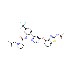 CC(=O)Nc1nc2c(Oc3cc(-c4ccc(C(F)(F)F)cc4NC(=O)[C@@H]4CCCN4CC(C)C)ncn3)cccc2s1 ZINC000044306653