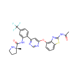 CC(=O)Nc1nc2c(Oc3cc(-c4ccc(C(F)(F)F)cc4NC(=O)[C@]4(C)CCCN4)ncn3)cccc2s1 ZINC000042808375