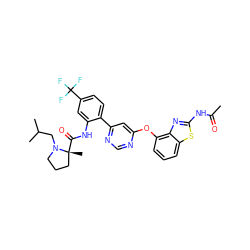 CC(=O)Nc1nc2c(Oc3cc(-c4ccc(C(F)(F)F)cc4NC(=O)[C@]4(C)CCCN4CC(C)C)ncn3)cccc2s1 ZINC000044305185