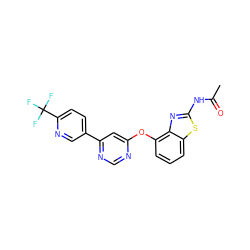 CC(=O)Nc1nc2c(Oc3cc(-c4ccc(C(F)(F)F)nc4)ncn3)cccc2s1 ZINC000040919299