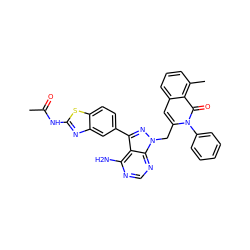 CC(=O)Nc1nc2cc(-c3nn(Cc4cc5cccc(C)c5c(=O)n4-c4ccccc4)c4ncnc(N)c34)ccc2s1 ZINC000088346031