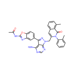 CC(=O)Nc1nc2cc(-c3nn(Cc4cc5cccc(C)c5c(=O)n4-c4ccccc4C)c4ncnc(N)c34)ccc2o1 ZINC000088346071