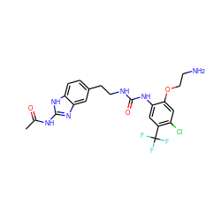 CC(=O)Nc1nc2cc(CCNC(=O)Nc3cc(C(F)(F)F)c(Cl)cc3OCCN)ccc2[nH]1 ZINC000038324074