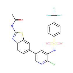 CC(=O)Nc1nc2ccc(-c3cnc(Cl)c(NS(=O)(=O)c4ccc(C(F)(F)F)cc4)c3)cc2s1 ZINC000071317943