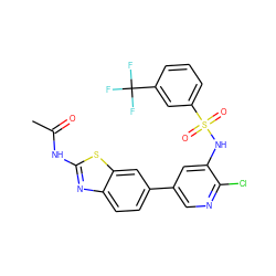 CC(=O)Nc1nc2ccc(-c3cnc(Cl)c(NS(=O)(=O)c4cccc(C(F)(F)F)c4)c3)cc2s1 ZINC000071317918