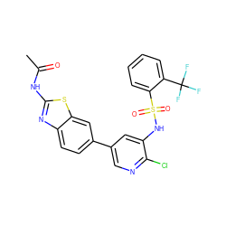 CC(=O)Nc1nc2ccc(-c3cnc(Cl)c(NS(=O)(=O)c4ccccc4C(F)(F)F)c3)cc2s1 ZINC000071317125