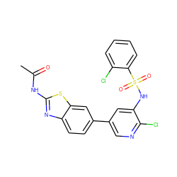 CC(=O)Nc1nc2ccc(-c3cnc(Cl)c(NS(=O)(=O)c4ccccc4Cl)c3)cc2s1 ZINC000071317928