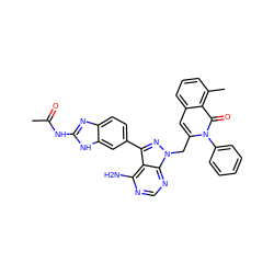 CC(=O)Nc1nc2ccc(-c3nn(Cc4cc5cccc(C)c5c(=O)n4-c4ccccc4)c4ncnc(N)c34)cc2[nH]1 ZINC000088346075