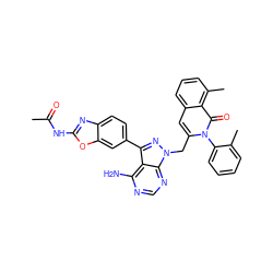 CC(=O)Nc1nc2ccc(-c3nn(Cc4cc5cccc(C)c5c(=O)n4-c4ccccc4C)c4ncnc(N)c34)cc2o1 ZINC000088345773